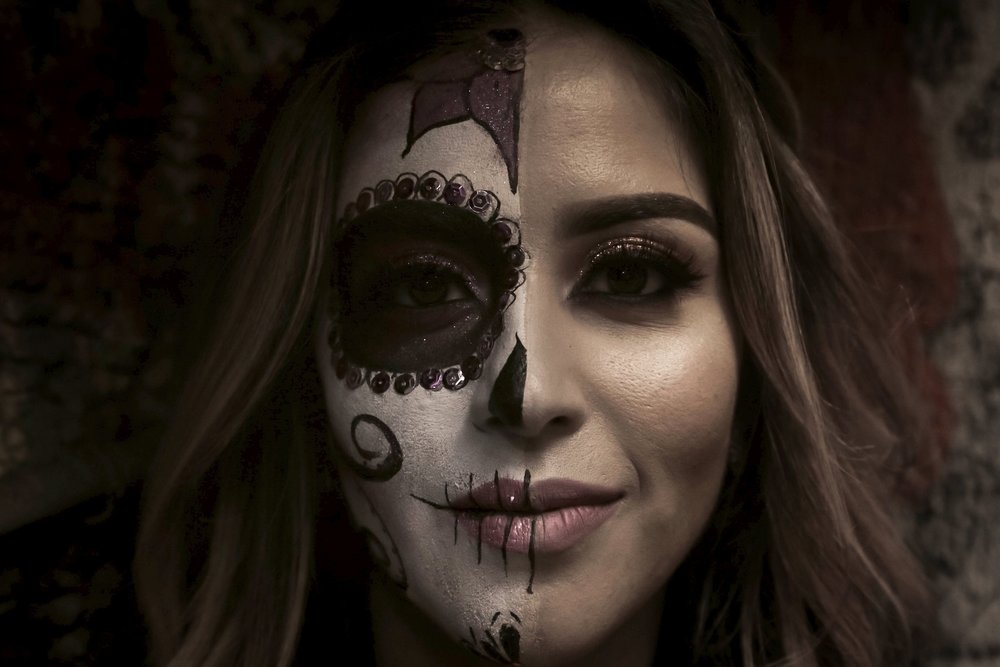 woman with face paint mask covering haluf